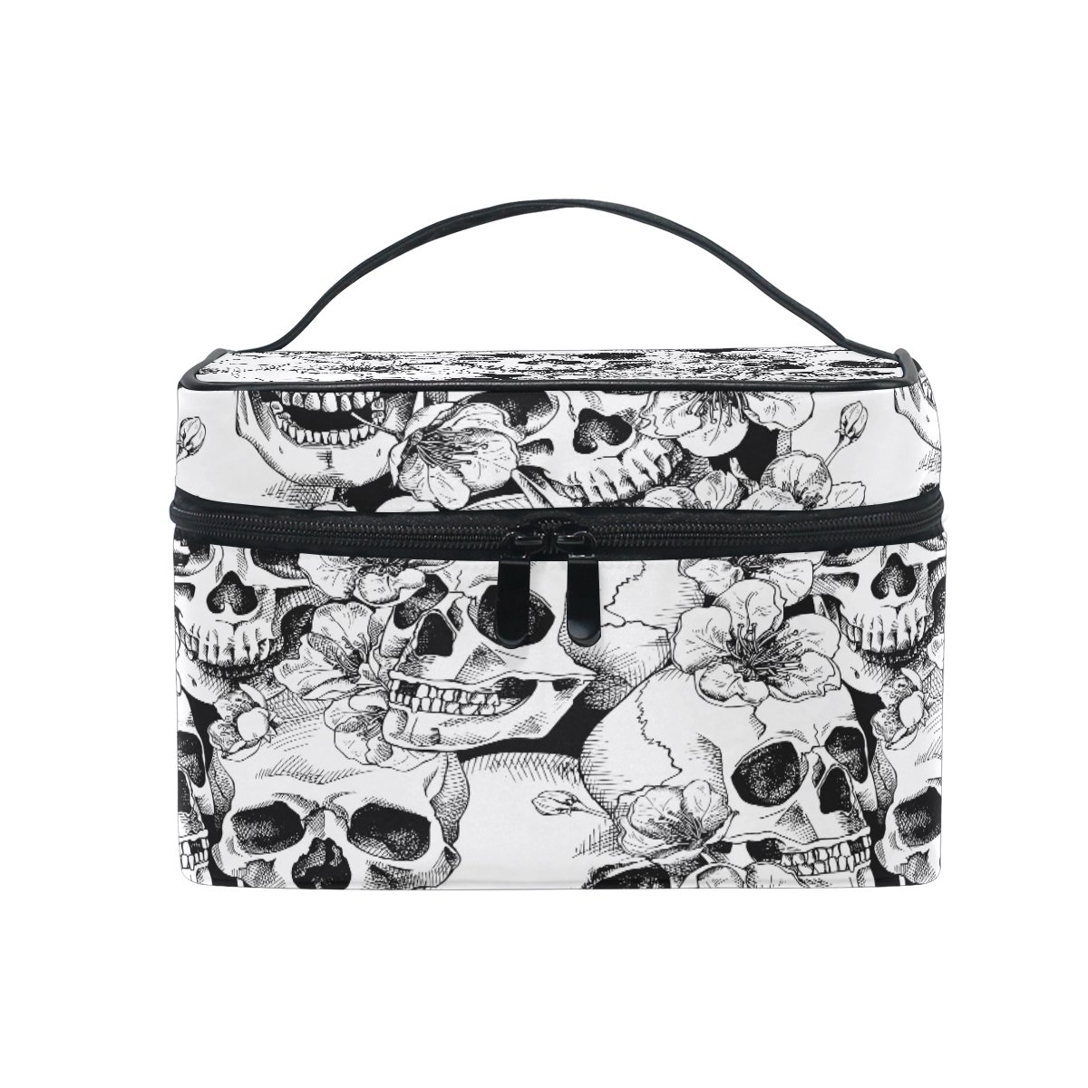 Makeup Bag, Sugar Skull Flower Print Cosmetic Toiletry Storage Large Travel Handle Personalised Pouch with Compartments for Teenage Girl Women Lady White Black