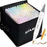 SFAIH Alcohol Markers Brush & Fine - 101 Pastel Dual Tip Art Markers for Adult Coloring Illustration, Gift for Artist, Refillable Ink, Colorless Blender, Adjustable Shoulder Strap & Leather Lining