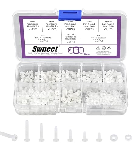Keadic 270Pcs M8 White Nylon Countersunk Machine Screws, Nylon Flat Head Machine Screws Metric Screws Bolts Washers Nuts Kit Metric Thread Countersunk Round Head Bolt Assortment Set For Machinery