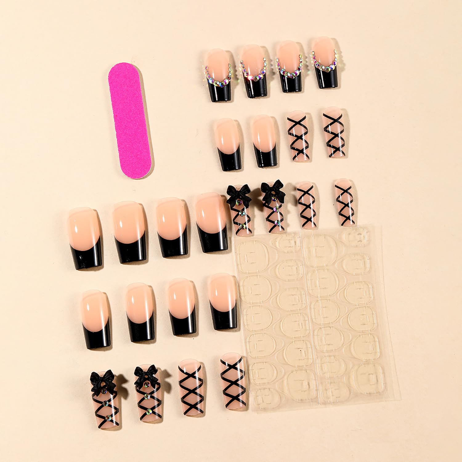 24Pcs Black French Press on Medium Square Bow Tie False Nails - Rhinestones Design Full Cover Coffin Artificial Stick on Acrylic Nails - Reusable Glue on Manicure Kit for Women - Image 2