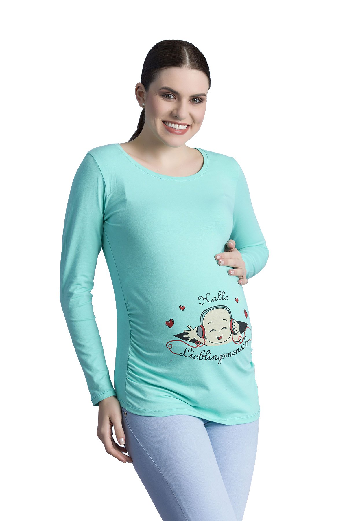 Hallo Lieblingsmensch - Funny Cute Sweet Lovely Maternity Long Sleeved T-Shirt with Print Pattern Pregnancy Gift (Mint, Small)