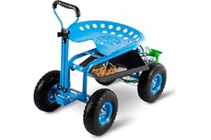 FURNDOOR Rolling Garden Tool Cart with Seat Heavy Duty Scooter with Handle and Storage for Seniors Garden Cart on Wheel,Blue