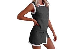 Women's 2 Piece Summer Tracksuit, Ribbed Knit Sleeveless Stretch Tank Tops with Side Split Skorts