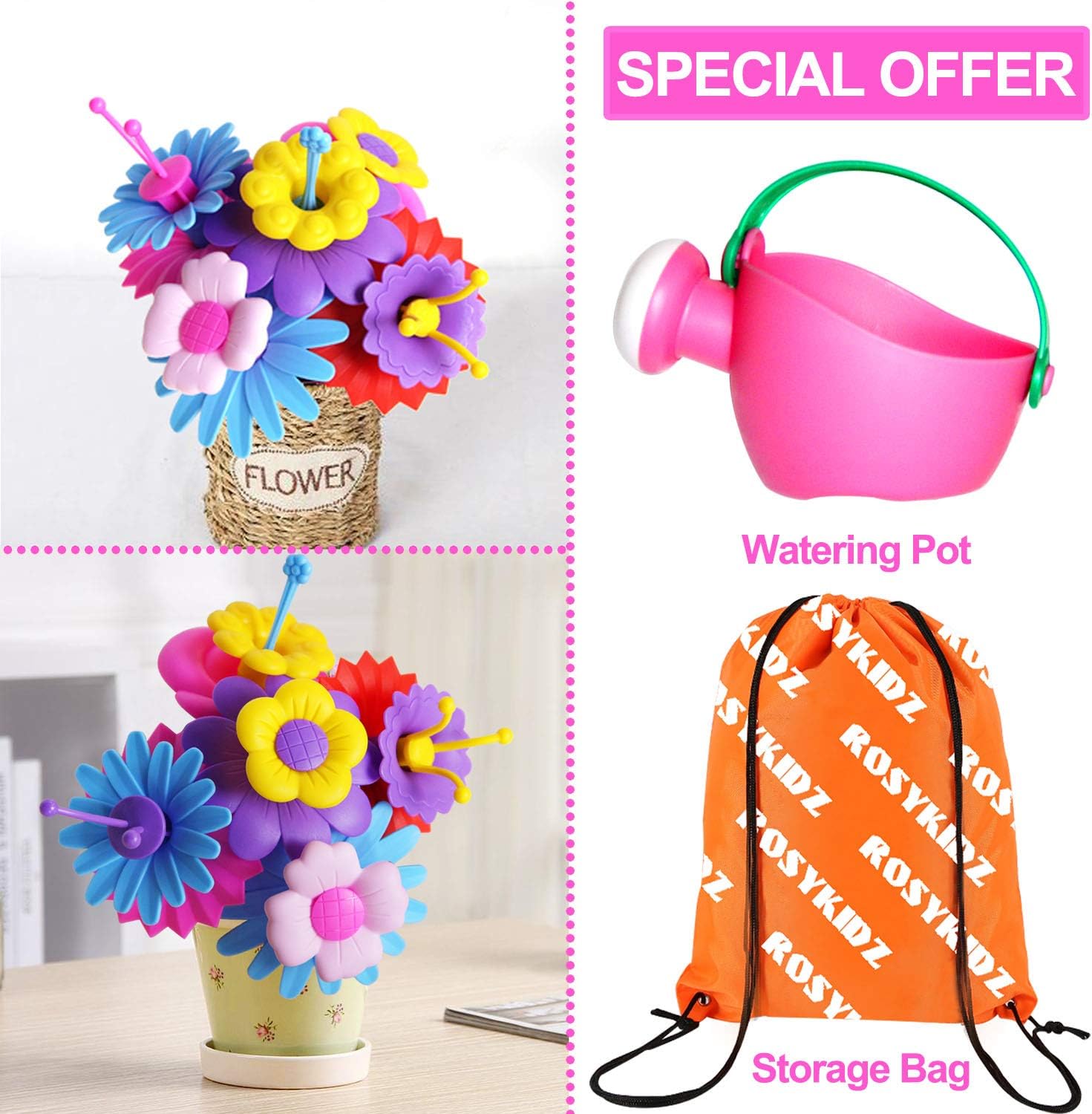 ROSYKIDZ Flower Garden Building Toys for Girls - [ 106 PCS ] STEM Toy Gardening Pretend Play Gift for Kids Age 3 4 5 6 Years Old - Preschool Children Girl Gifts Toys Set with Storage Bag: Toys & Games