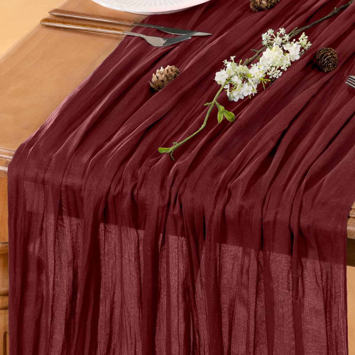 Photo 1 of LINXTAR Burgundy Table Runner Cheesecloth Table Runner 10FT Farmhouse Table Runners 120 Inches Christmas Table Decor Dining Room Centerpiece Wedding Boho Baby Shower Birthday