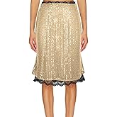 SEBOWEL Women Sequin Skirt Bodycon Glitter Sparkly Short Skirts Lace Trim Pencil Midi Skirt Elegant Night Out Party Skirt, Gold, S