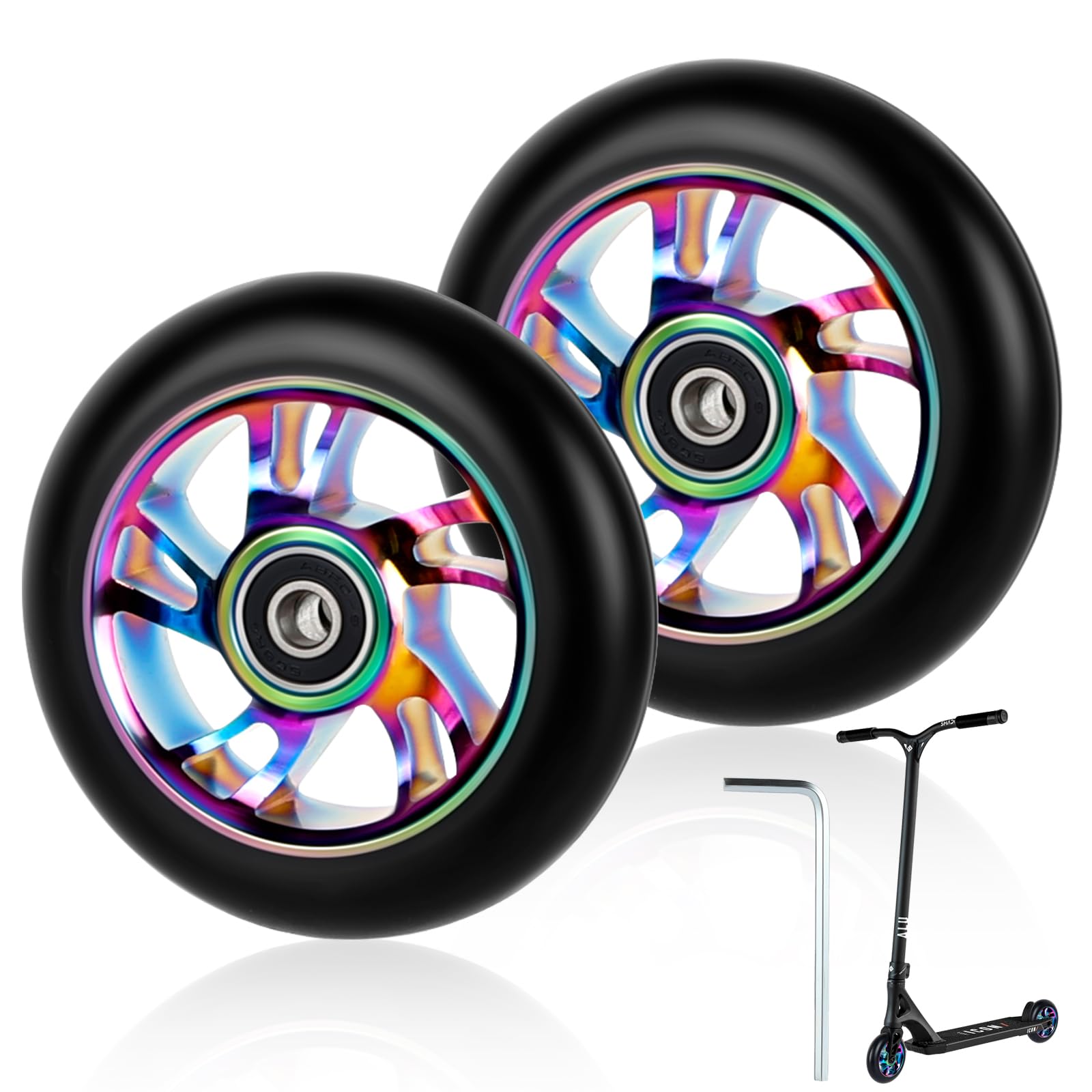 2 PCS 100mm Stunt Scooter Replacement Wheels, Hardness 88A Neo Stunt Scooter Wheels with ABEC-9 Bearings for Most Stunt Scooters and Kick Scooters