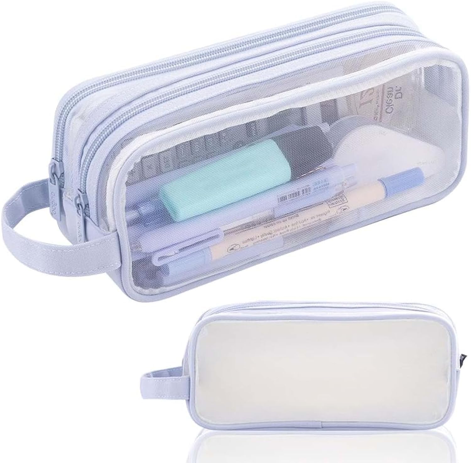 GINGER TECH Pencil Case Clear Mesh Pencil Pouch, Large Capacity Pencil Bag for Exam, 2 Compartment Pen Bag, Zipper Transparent Stationary Pen Cases for Student College Business Travel Office (Blue)