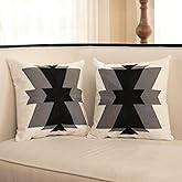 IKATYARN Pack of 2 Black White Grey Aztec Embroidery Throw Pillow Cover, Boho Tribal Geometric Pillowcase, Modern Farmhouse Southwestern Cushion Case for Couch Sofa Bed, 18"x18"