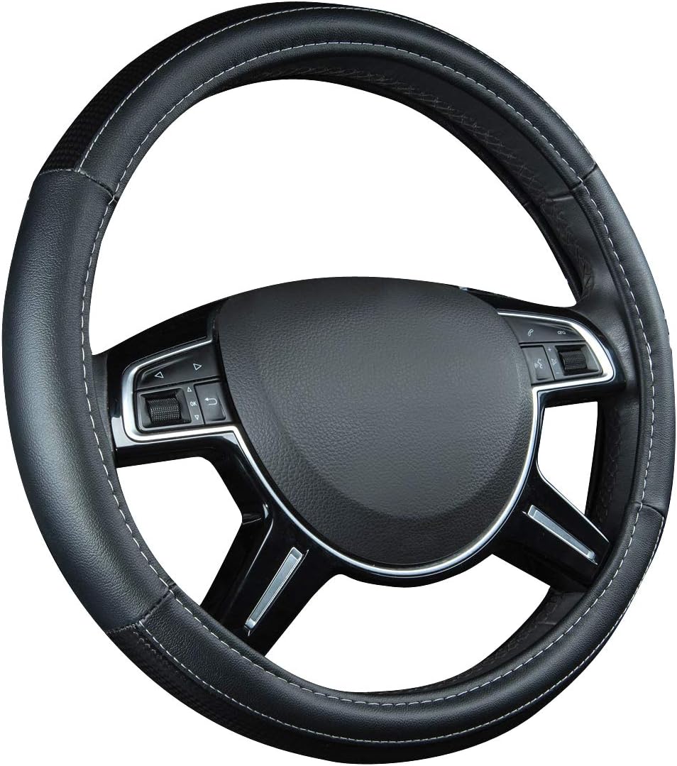 CAR PASS Universal Fit Leather and Carbon Fiber Steering Wheel Cover, Fit for Suvs,Vans,Sedans,Truck, Classical Black