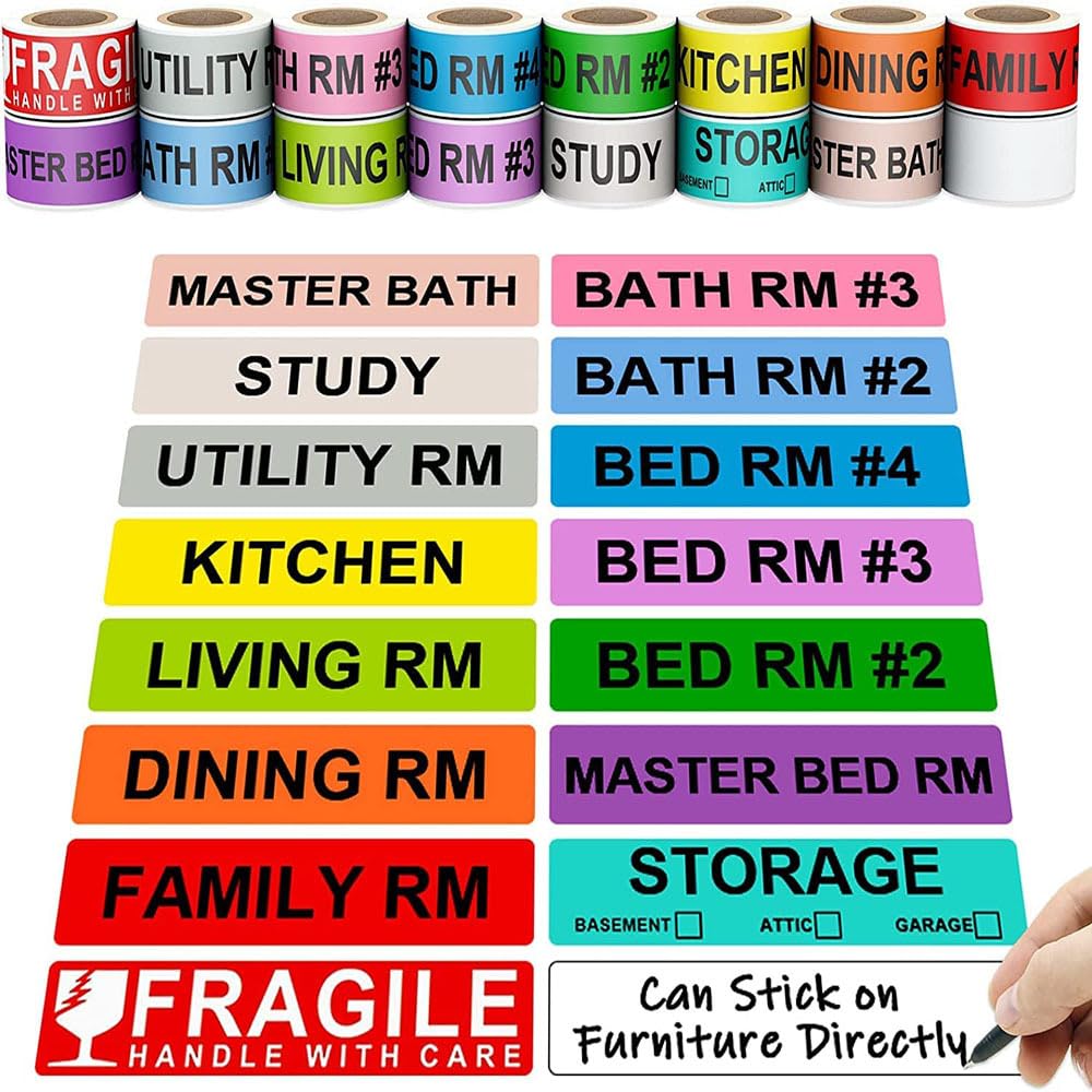 960pcs Home Moving Color Coding Labels - 14 Living Spaces, Handle With Care, Blank Stickers [16 Rolls, 60 Labels/Roll]