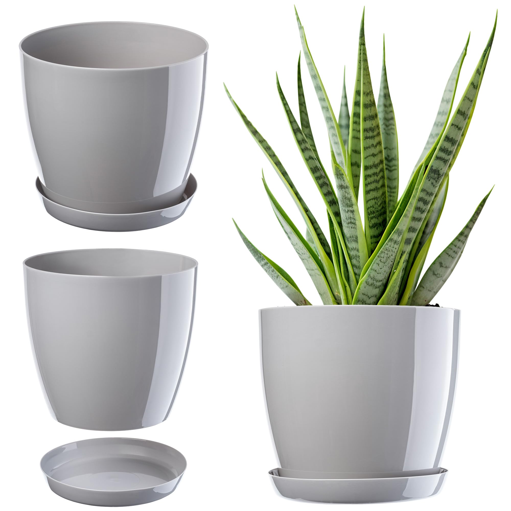 KADAX Plant Pot, Plastic Flowerpot with matching Tray, Indoor Planter in several colours, Lightweight and Waterproof Pot for Office and Living Room (⌀16cm, Grey)