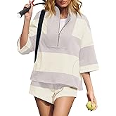 Fisoew Womens 2 Piece Outfits Summer Striped Sweatshirt Workout Shorts Sets Matching Lounge Set Tracksuits