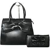Women Handbag 2 Pcs Set Big Bow-Knot PU Leather Top Handle Bag Designer Tote Bag Clutch Wallet Set for Ladies