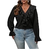 WDIRARA Women's Plus Size Ruffle V Neck Long Sleeve Blouse Dressy Office Top