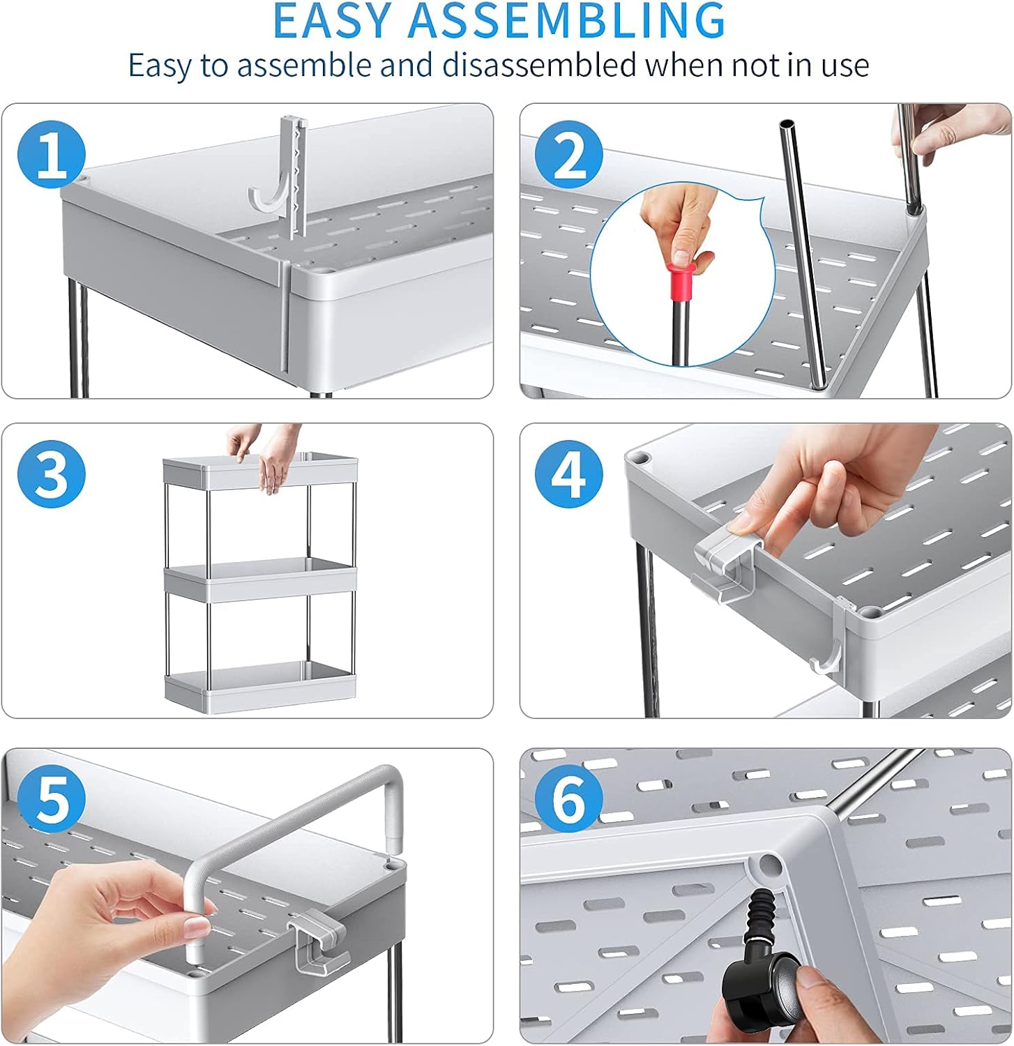 SOLEJAZZ Rolling Storage Cart 3-Tier Mobile Shelving Unit Bathroom Carts with Handle for Kitchen Bathroom Laundry Room, Gray: Kitchen & Dining