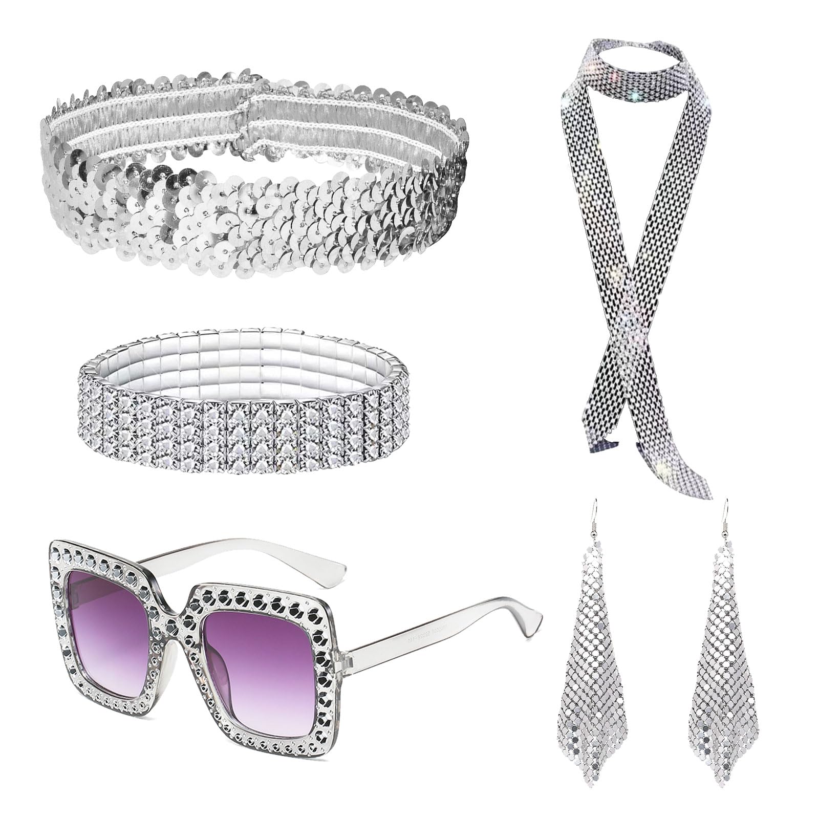 MIVAIUN 6Pcs 70s Disco Accessories Set: Sequins Scarf, Earrings, Sunglasses, Bracelet & Headband for 70/80s Disco Retro Cosplay Costumes (Silver)