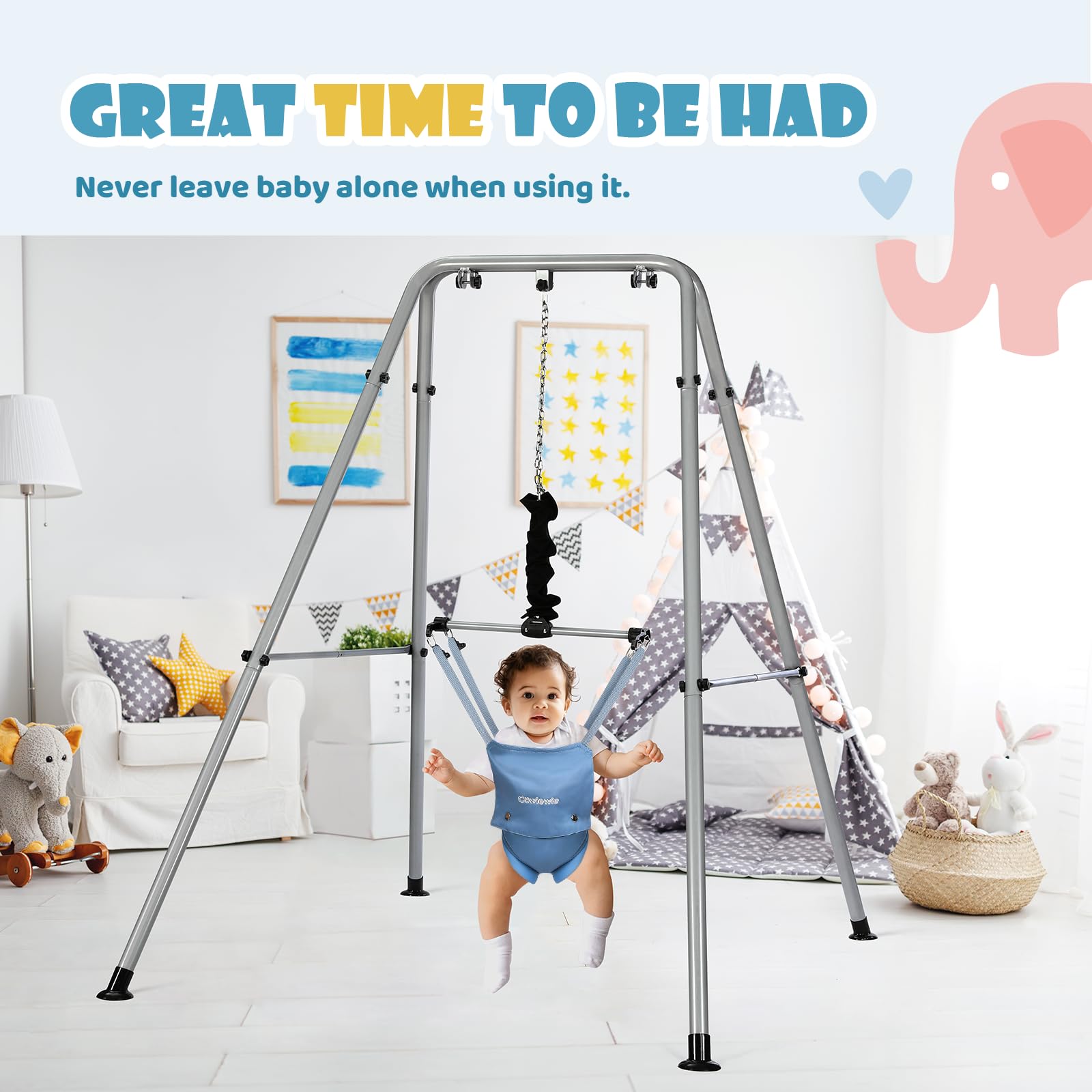 Cowiewie 2 in 1 Baby Jumper, with Strong Support Stand and Baby Walking Harness Function (Blue)
