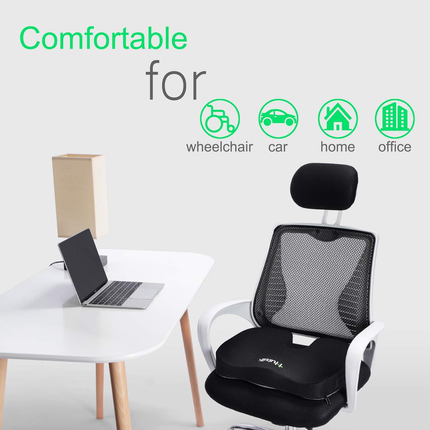 HUISILK Seat Cushion for Office Chair - 100% Pure Memory Foam Car Seat Cushion - Tailbone Pain Relief Cushion - Coccyx Orthopedic Pad - Relieves Back, Hip, Tailbone, Sciatica Pain: Home & Kitchen