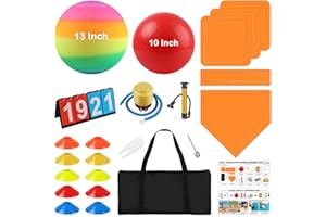NVAAV 20Pcs Sports Kickball Set, Including 10" and 13" Playground Ball with 2 Air Pump, 5 Rubber Throw Down Bases 10 Foul Line Cones, Storage Bag and Scoreboard for Kids & Adults Playground Outdoor Backyard