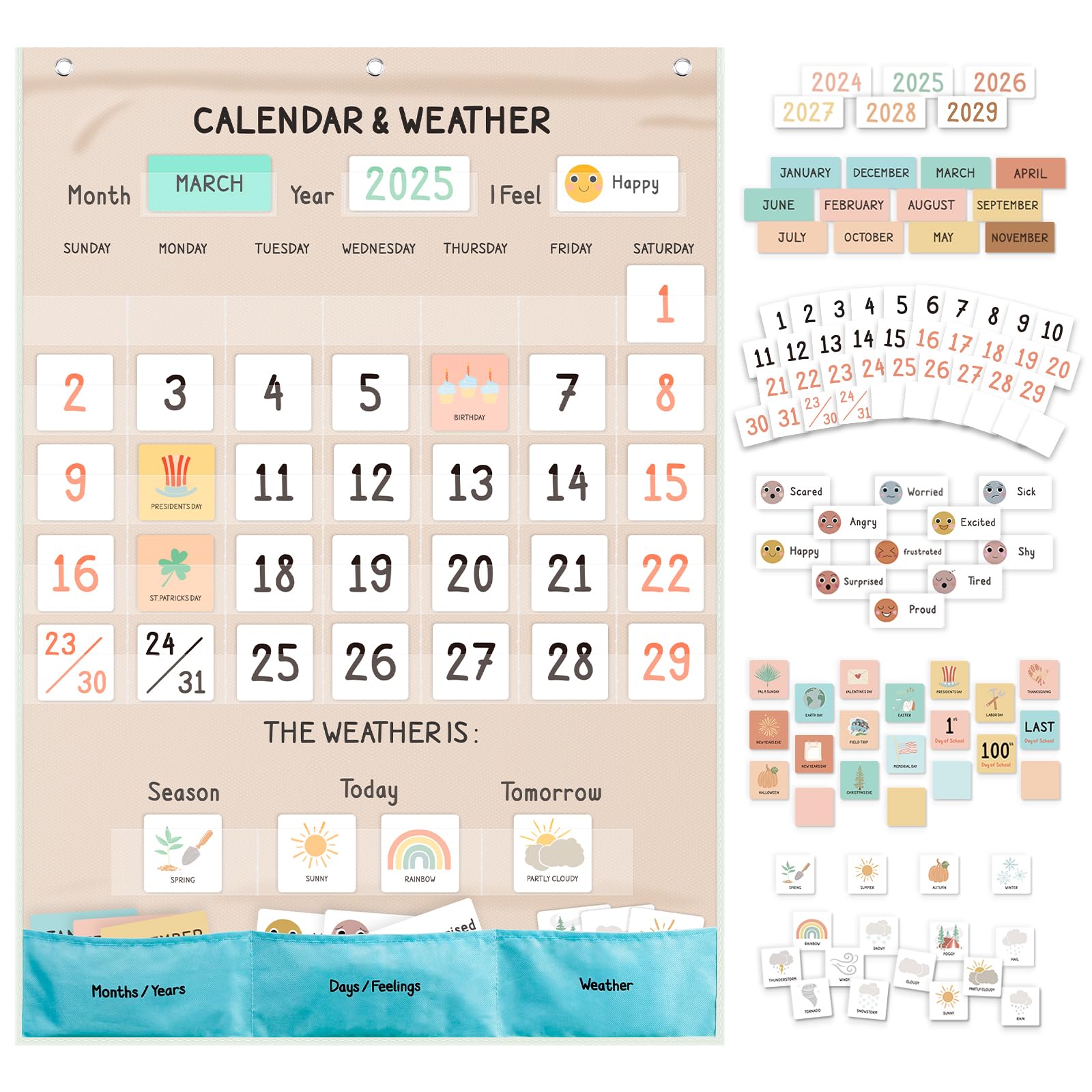 Photo 1 of Godery Classroom Boho Calendar & Weather Pocket Chart with 111 Cards, Circle Time Learning Center for Kids and Toddler, Preschool Must Haves!