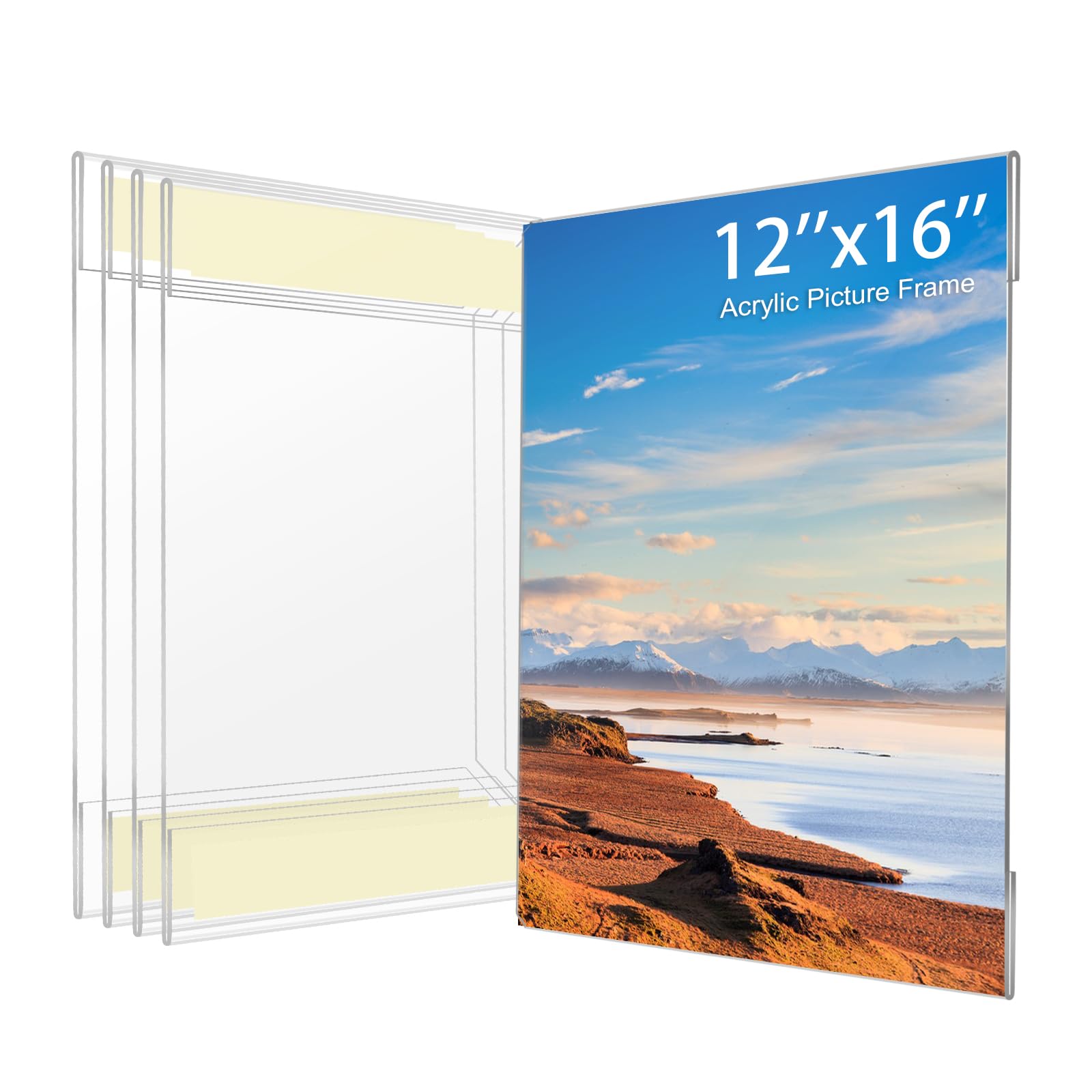 Photo 1 of 12x16 Acrylic Picture Frame, Clear Frameless Photo Frame for Wall Mount, No Drilling Picture Frames with Tape, Pack of 5 Floating Hanging Picture Frames for Home, School, Office