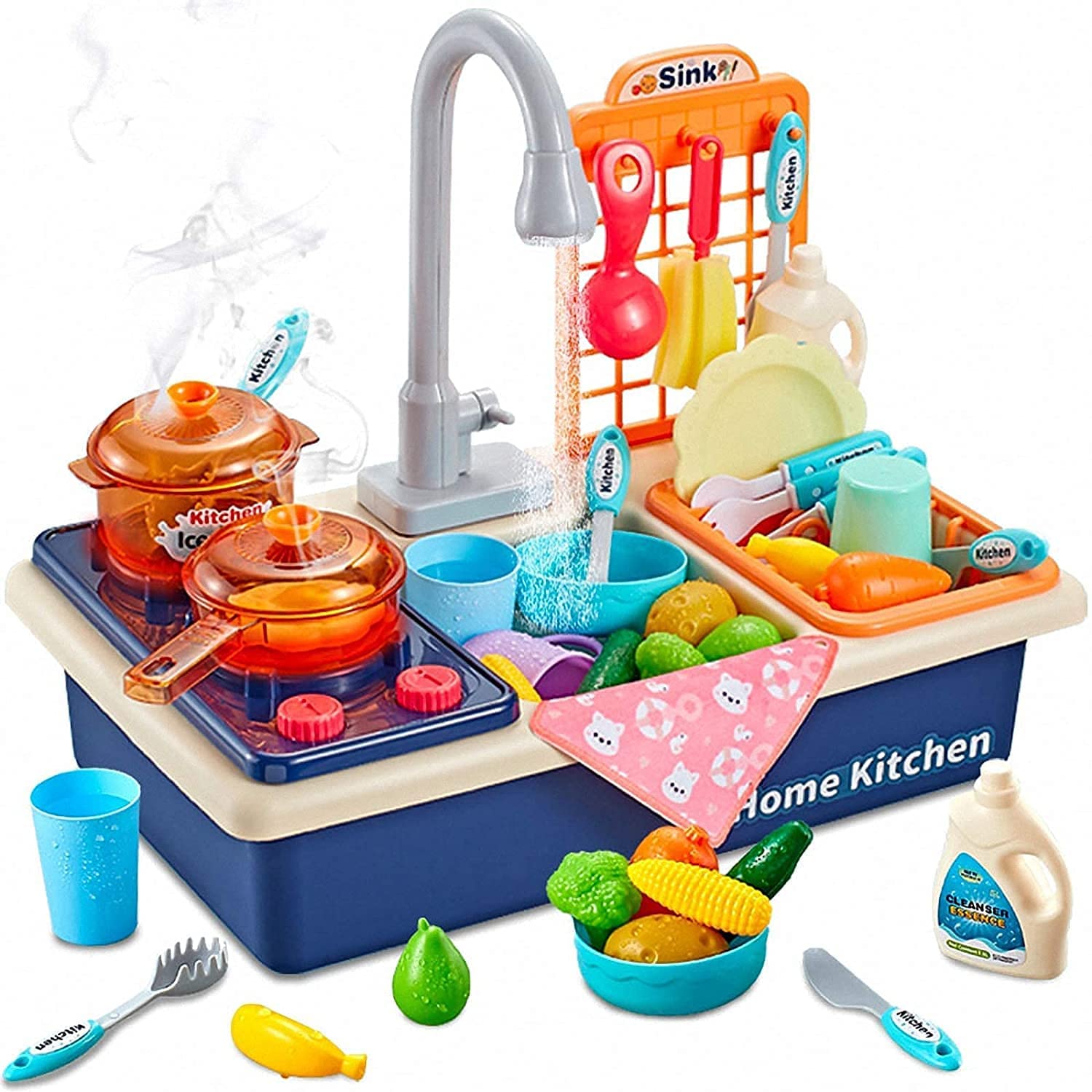 Play Kitchen Sink Toys with Upgraded Real Faucet, Play Cooking Stove, Cookware Pot and Pan,Playing Food,Dishes Accessories Pretend Plays Wash-up Sets with Running Water for Boys Girls Toddlers(Blue)