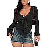 BEAUDRM Women's Y2K Plus Size Floral Print Tee Shirts Lettuce Trim Tie Front Bell Long Sleeve Mesh Crop Tee Tops