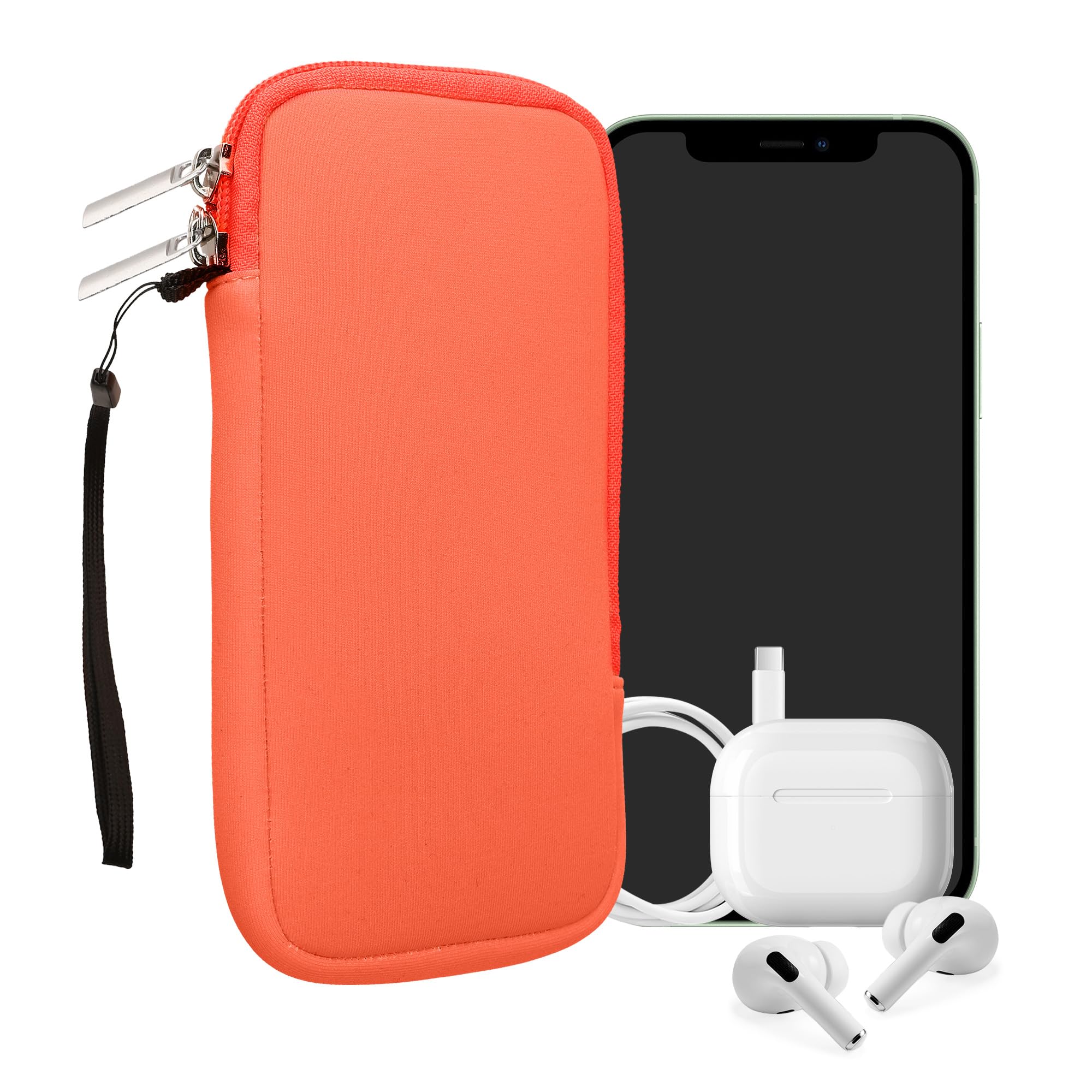 kwmobile Neoprene Phone Pouch Size XXL - 7" - Universal Cell Sleeve Mobile Bag with Zipper, Wrist Strap - Neon Coral — image 1