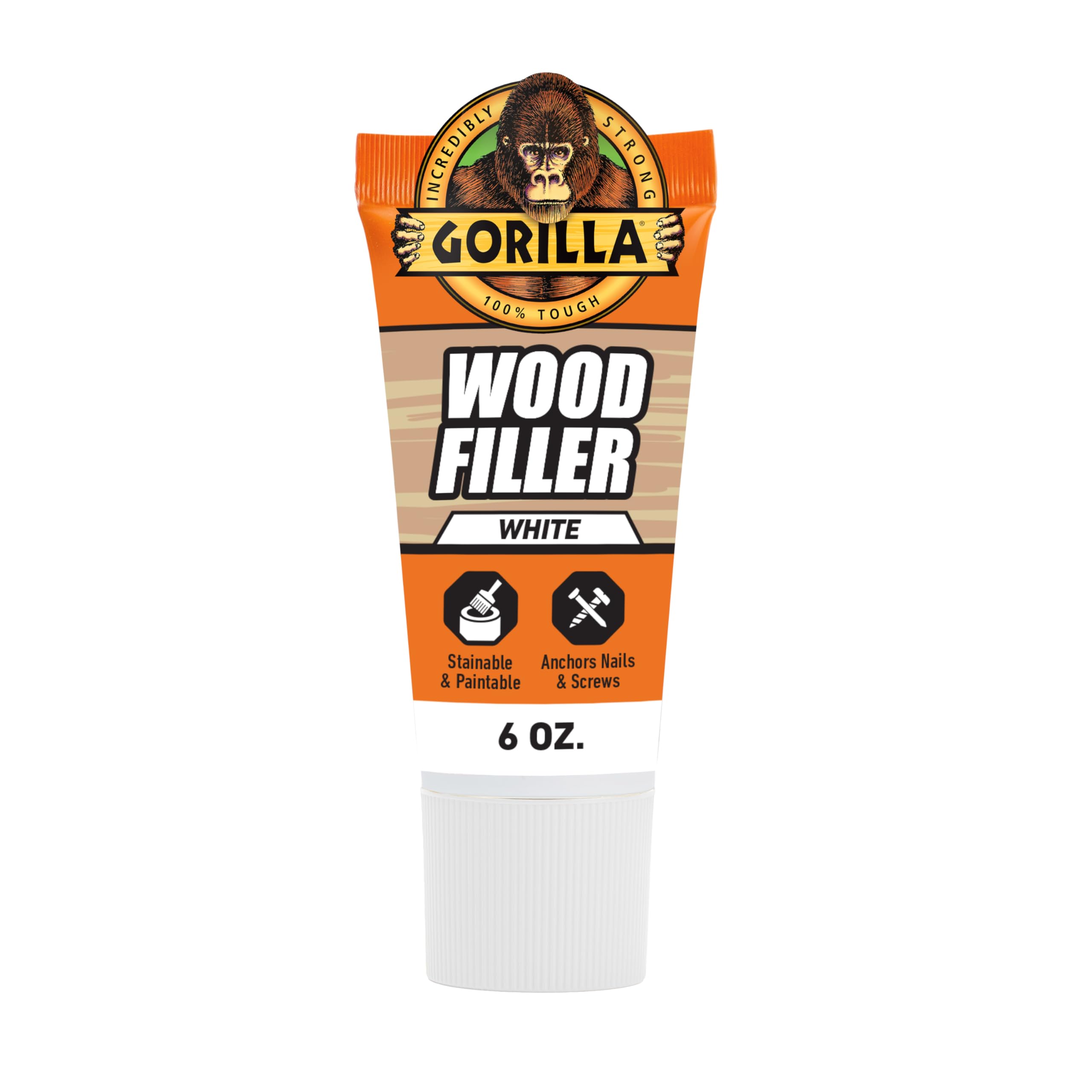 Gorilla Wood Filler, Water Resistant, White, 6 oz Tube