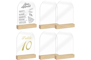 ORGANTEAM Clear Acrylic Sign with Wooden Stand Table Numbers DIY, 10 Pack Acrylic Sheets Table Signs for Wedding, 5x7 Inch Arch Signs Blank for Restaurant Party Bridal Shower (No printing included)