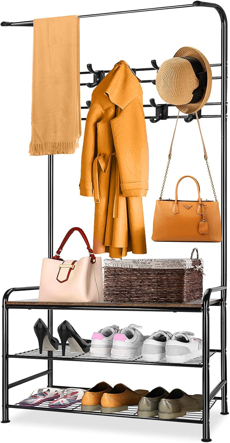 Coat Rack Shoe Rack for Entryway, Hall Tree Shoe Rack Bench Organizer Storage ,3 Tier Coat Rack Freestanding Industrial Storage Shelf Bench with 10 Double Hooks & Steel Frame for Hallway,Bedroom,Foyer: Home Improvement