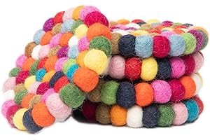 Round Felt Ball Coasters - Hand Felted in Nepal - Multi-Color Set of 5-100% Merino Wool - Water-Wicking, Stain-Resistant, Abs