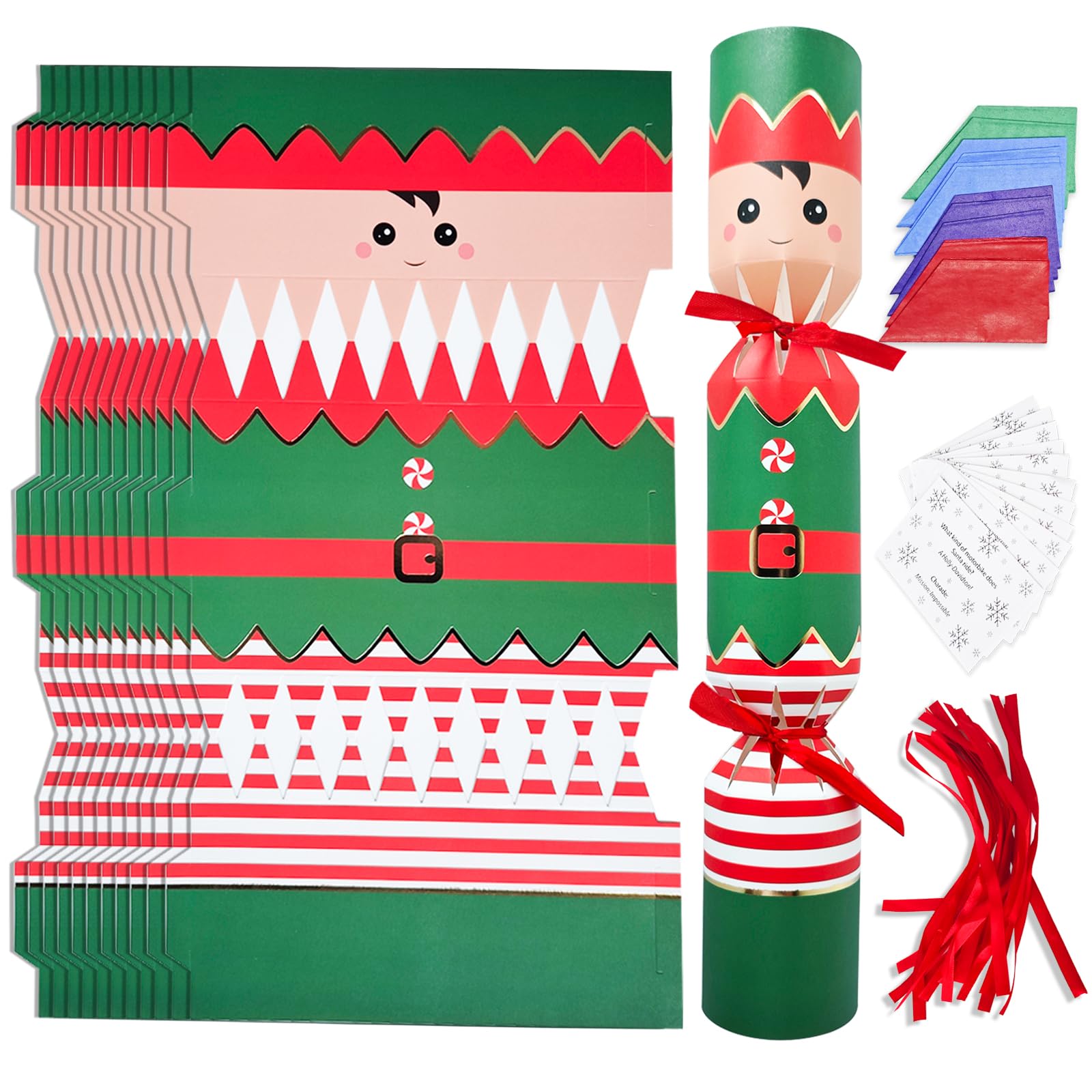 sesameless 12 Packs Christmas Crackers, Make Your Own Christmas Crackers, DIY Christmas Cracker Kit with Hats and Riddle Cards (No Snap) (Style 3)