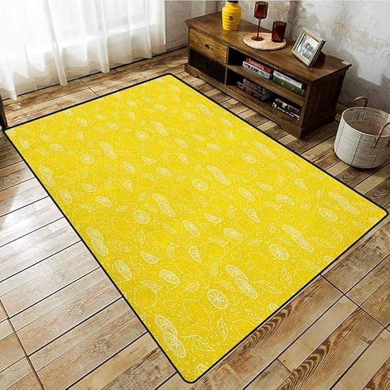 Living Room Rug，Yellow，Juicy Lemons Citrus Fresh Slices with Leaves and Dots Health Vitamins
