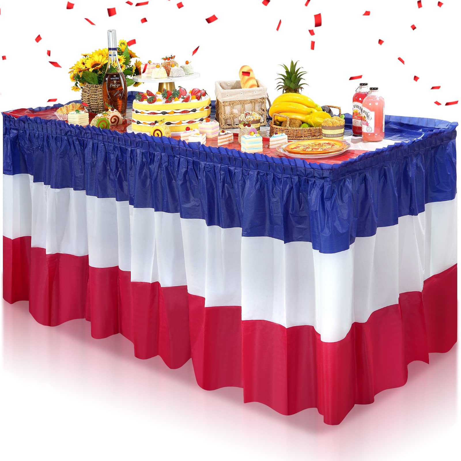 Photo 1 of 1 Pack 4th of July Plastic Table Skirts Decorations, Red White and Blue Patriotic Disposable Table Skirts, Fourth of July Table Party Decorations for Independence Memorial Veterans Day, 2.4 x 14 Ft
