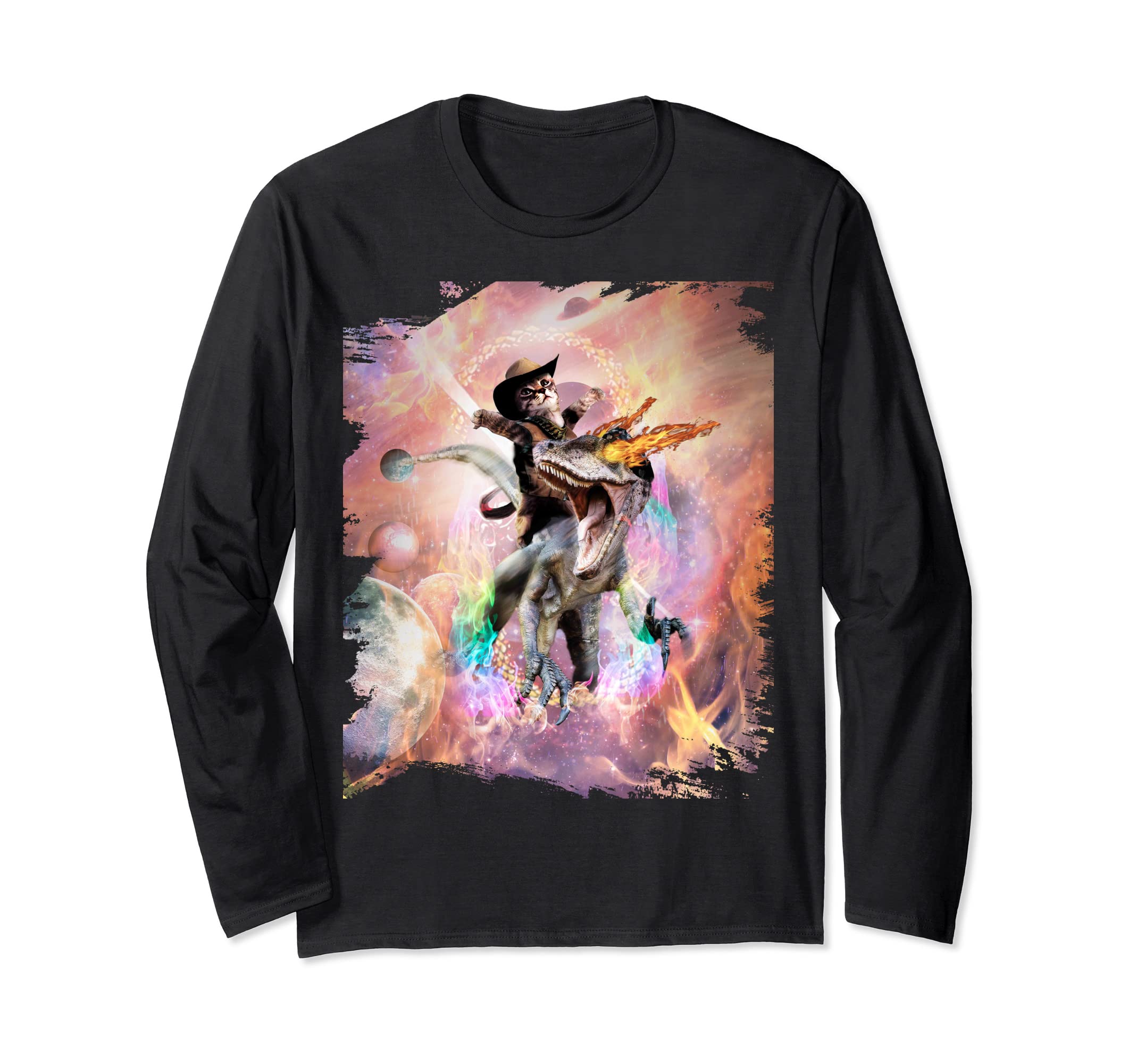 Evil Velociraptor Raptor Fire Dinosaur & Space Cat Long Sleeve T-Shirt