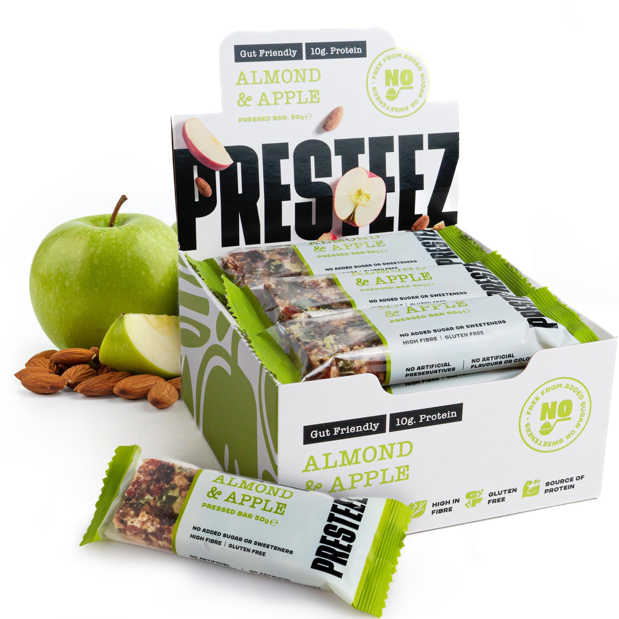 Presteez Apple & Almond 50g Energy Bars - No Added Sugar or Sweeteners, Gluten Free, High Fibre, Protein Enhanced Healthy Snacks with Prebiotics, Fibre & Vitamin C. 10g Protein, 12 Pack