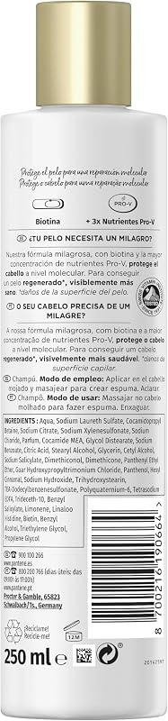 Shampoo Reparador Pantene Molecular Bond com Biotina 250ml Pro-V Formula para Cabelos Secos e Danificados. Protege e deixa o cabelo mais saudável e regenerado. Enriquecido com Nutrientes