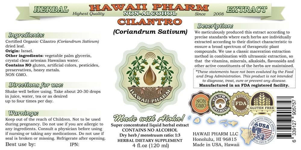 Cilantro Alcohol-FREE Liquid Extract, Organic Cilantro (Coriandrum Sativum) Dried Leaf Glycerite Hawaii Pharm Natural Herbal Supplement - Image 3