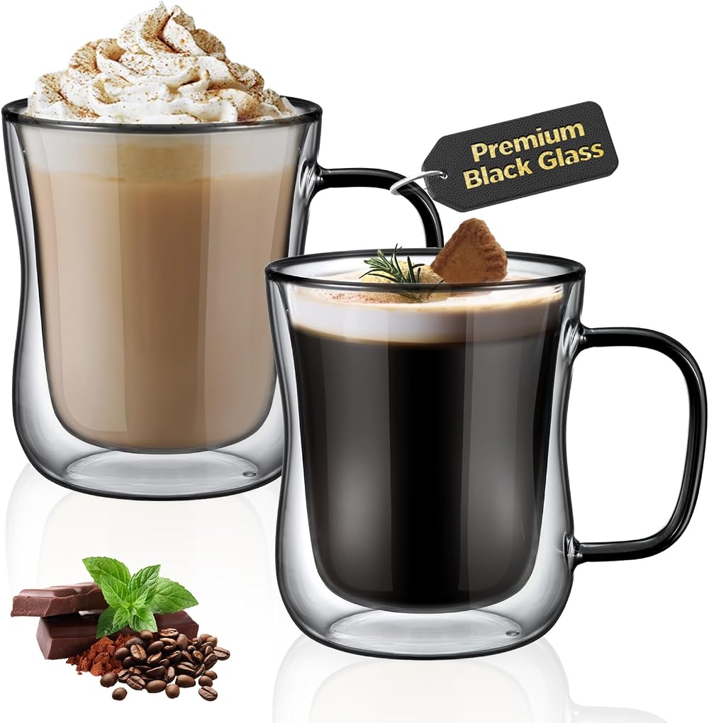 ecooe 2x350ml Double Wall Glass Cups Borosilicate Heat Resistant Coffee Mugs