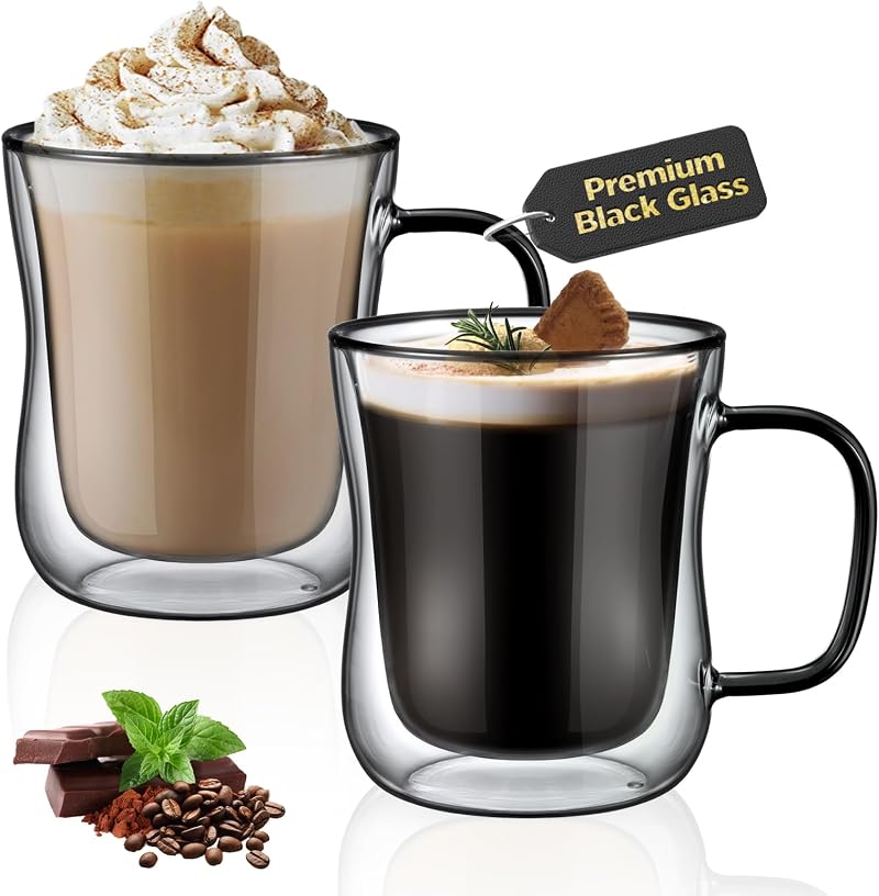 ecooe 2x350ml Double Wall Glass Cups Borosilicate Heat Resistant Coffee Mugs