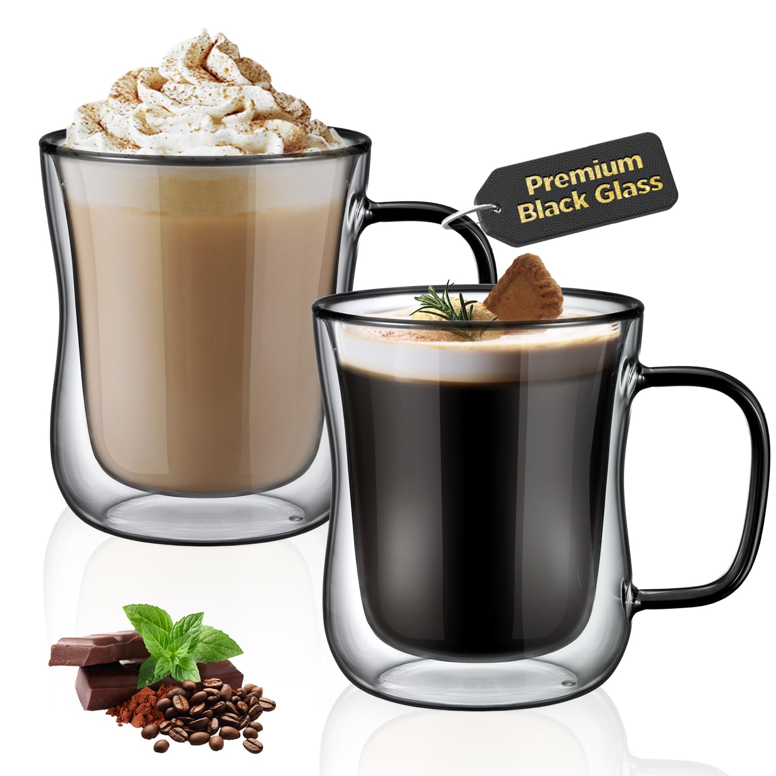 ecooe 2x350ml Unique Black Double Walled Coffee Glasses Mugs Cappuccino Latte Macchiato Glasses Cups with Handle Borosilicate Heat Resistant Glass Cups for Coffee Tea Milk Juice Ice Cream