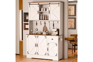 ISHARINGTIME 71" Pantry Cabinet with Charging Station, Tall Kitchen Pantry Storage Cabinet with Microwave Stand, Farmhouse Kitchen Hutch with Storage Drawer & 6 Hooks for Living Room, Dining Room, White
