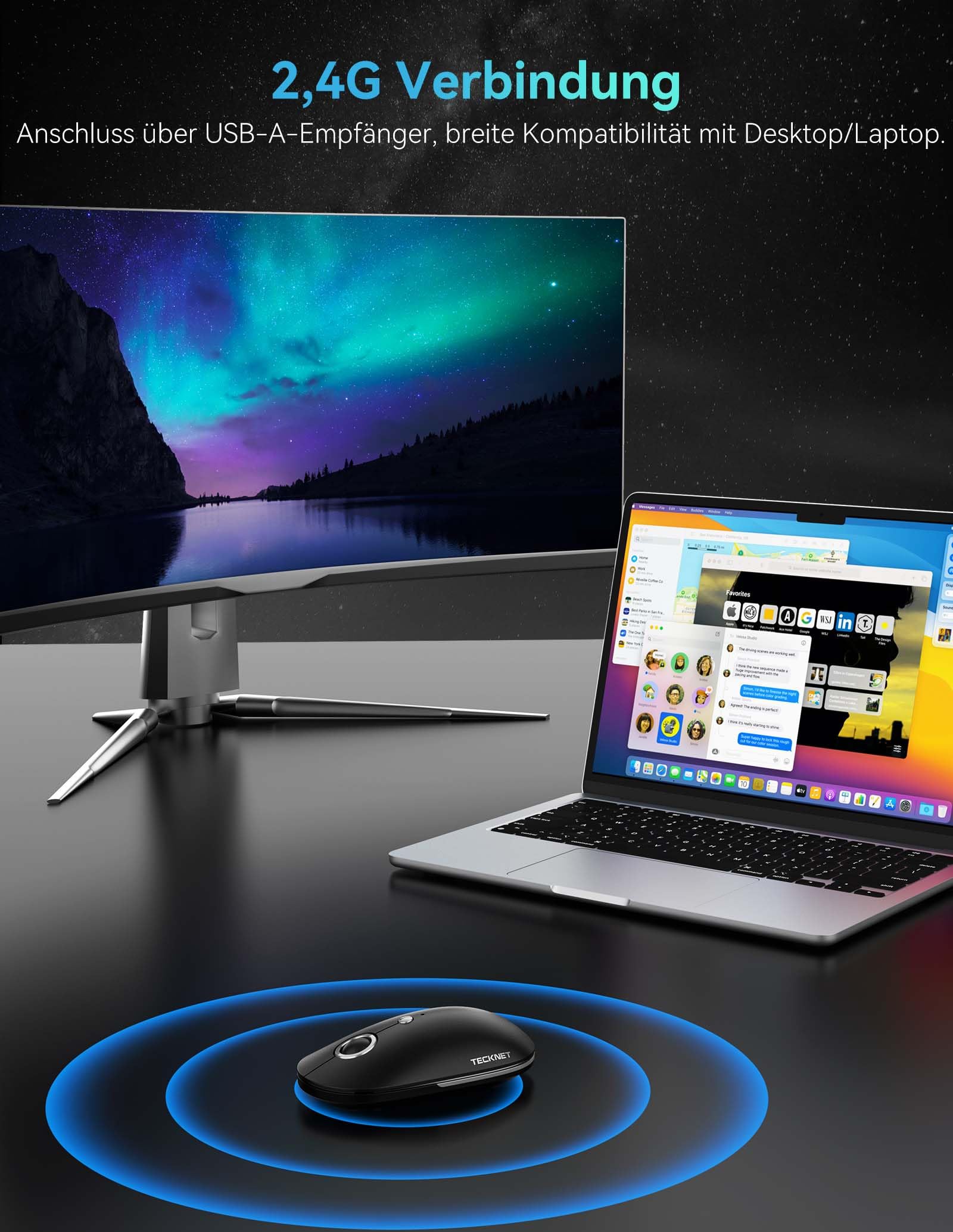 TECKNET Slim Maus Kabellos, 2,4 GHz Funkmaus mit USB C Adapter, 4800 DPI Maus mit 5 DPI Einstellbar, Silent Mouse, Ultra DüNne Wireless Mouse, Computermaus fur Mac/PC/Laptop,18 Monate Akkulaufzeit 2