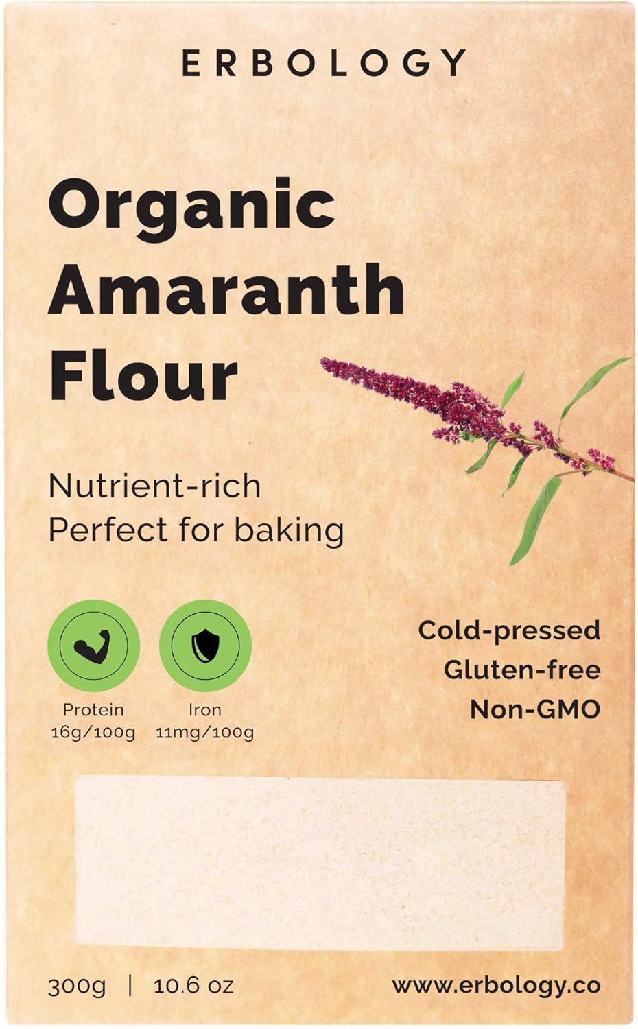 Erbology Organic Amaranth Flour 300g, Rich in Fibre, Protein and Minerals, Made from 100% Cold-Pressed Amaranth Grain
