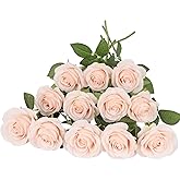 JUSMAI 12pcs Roses Artificial Flowers Pink Fake Roses Flowers with Long Stems Silk Flowers for Wedding Bouquet Centerpices Decorations Party Bridal Baby Shower Home Decor