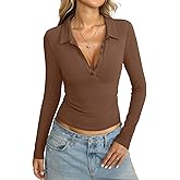 Womens Cotton Polo Collared Shirt Long Sleeve Sexy Deep V Neck Top Button Up Slim Fitted Tee Business Casual Outfit