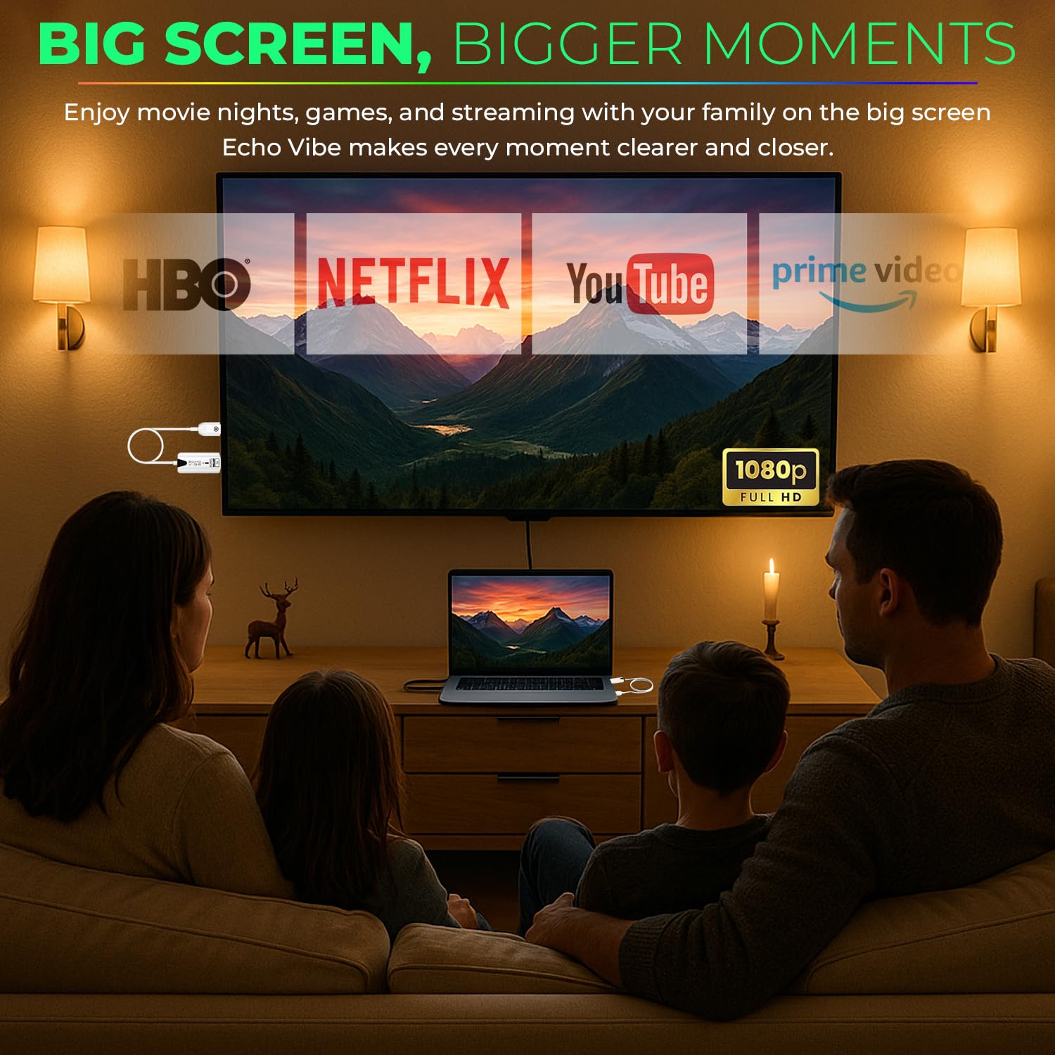 ECHO VIBE Wireless HDMI Transmitter and Receiver 30m Range – 1080P 60HZ Portable Ultra-Lightweight Wireless Extender for Video Projector, Laptop, PC – Extender Compatible with All OS