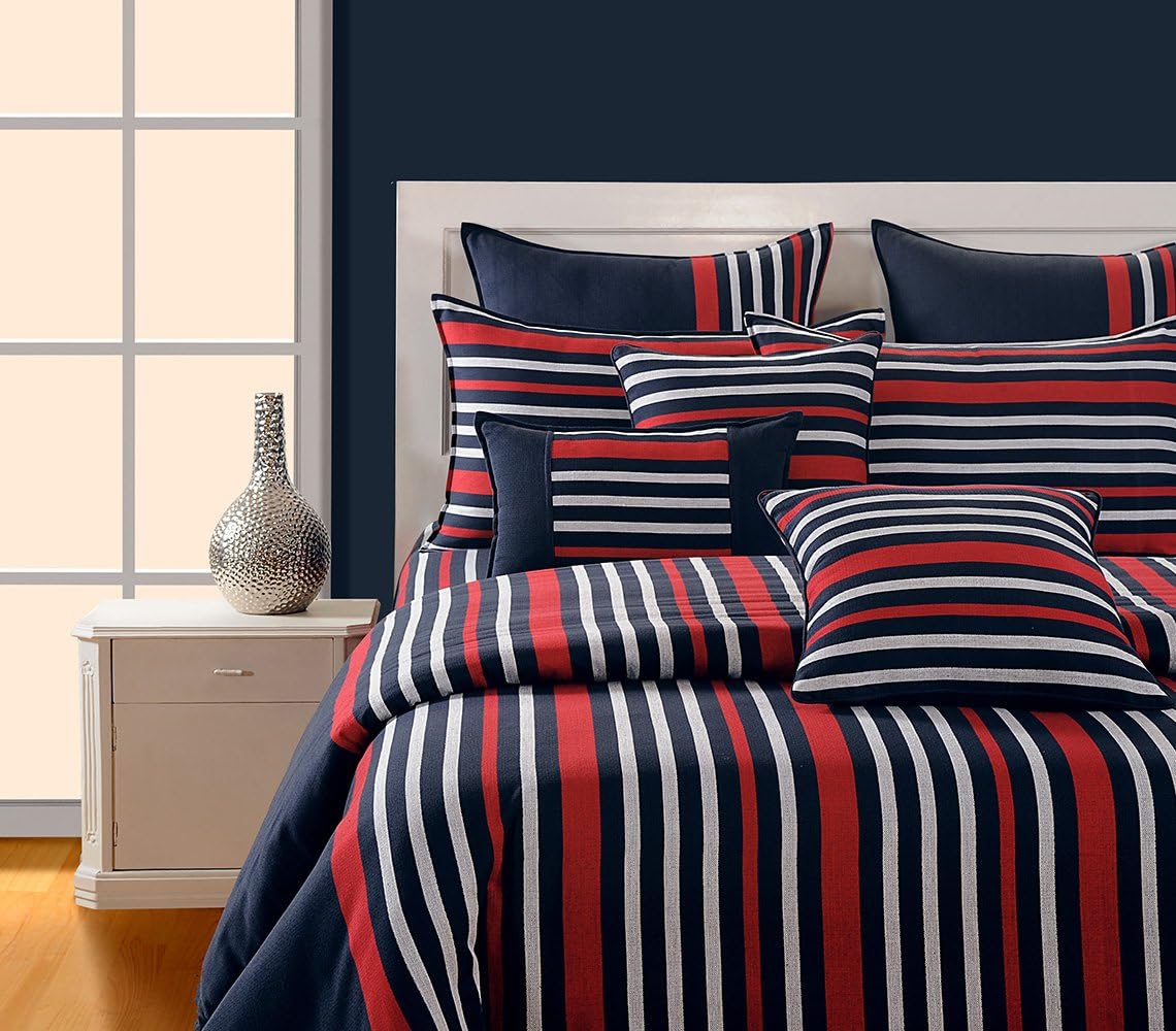 Swayam Magical Linea Collection Premium Cotton 180 TC Stripes Print Cotton Double Bed Sheet with 2 Pillow Cover - Navy Blue/Red/White